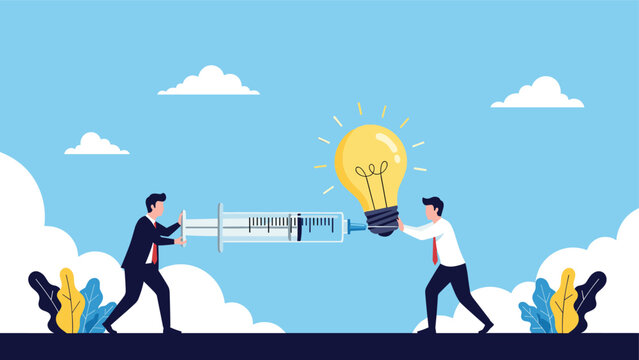 Team of business professionals injecting a large glowing lightbulb with a syringe to boost innovation and ideas.