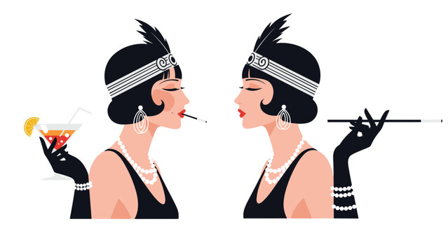 Two elegant women in nineteen twenties flapper fashion with headbands and feathers smoking cigarettes and holding cocktails.