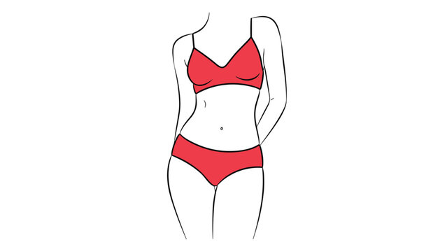 Minimalist outline of a slender female body wearing a vibrant red bra and panty set symbolizing lingerie fashion and body positivity.