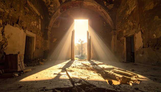 Interior shot of an abandoned stone structure, sunlight streaming through a grand arched doorway into a forest