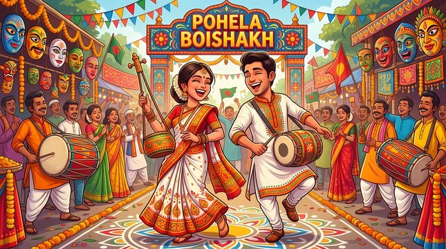 Vibrant Festive Celebration of Pohela Boishakh Bengali New Year with Music and Dance. Vibrant Pohela Boishakh Greeting Background