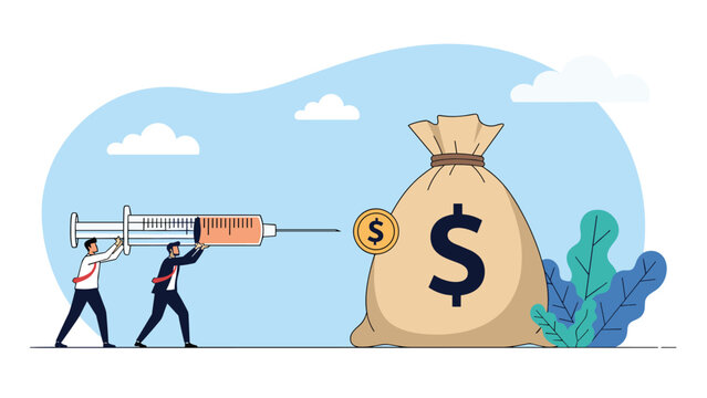 Two business professionals pushing a large syringe to inject a stimulus into a massive bag of money for financial growth and recovery.