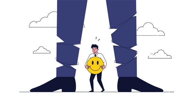 Small businessman holding a yellow smiley face while standing between the massive legs of a giant representing a positive attitude in a big industry.