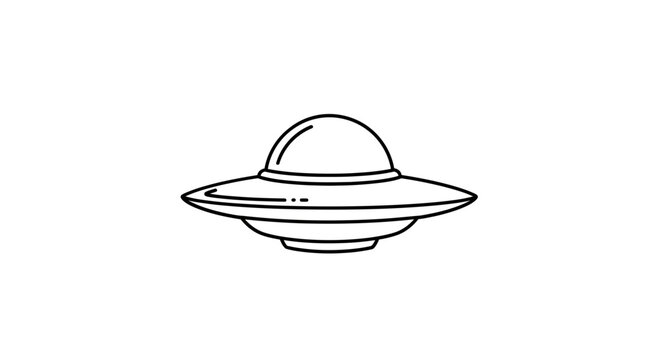 Minimalist UFO line drawing on white background, flying saucer icon, alien spacecraft outline
