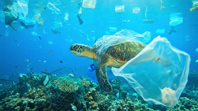 Ocean pollutions With sea turtle swimming near trash video