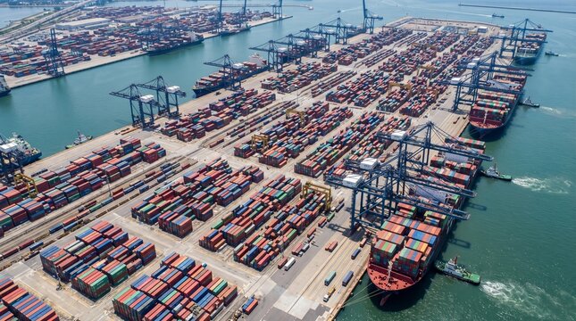 Large Cargo Port with Organized Containers and Cranes