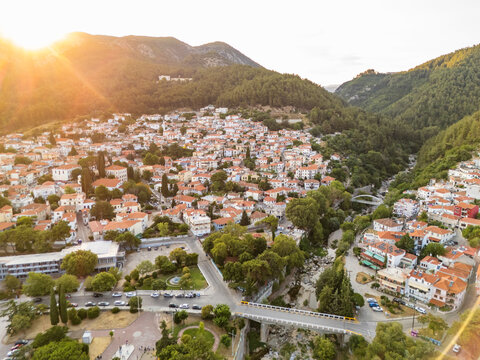Aerial View of Xanthi Old Town at Sunset Greece