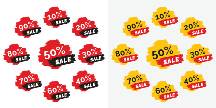 Sales and discount Stickers 10, 20, 30, 40, 50, 60, 70, 80, 90 percent, In Red, Black and Yellow Colour, Vector illustrator.