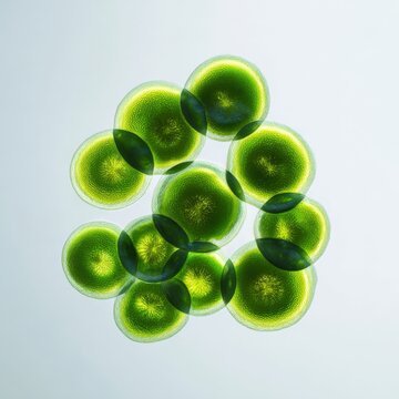 Close up of green algae cell structure on light background