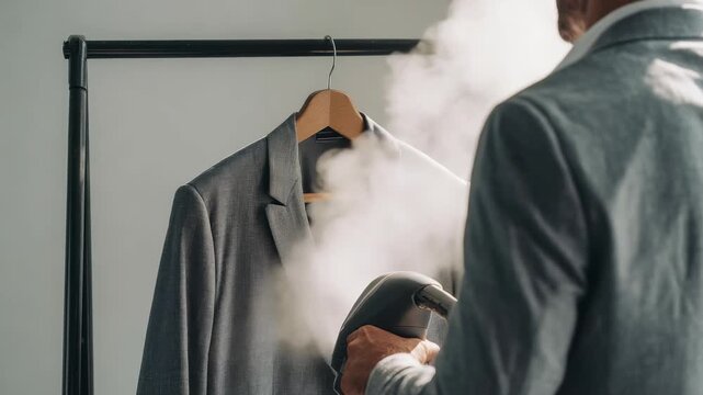 A man uses a handheld steamer to remove wrinkles from a gray suit jacket hanging on a clothing rack. Modern garment care and professional wardrobe maintenance concept