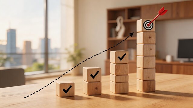 Business success strategy with wooden blocks stacking up to hit target bullseye growth chart arrow achievement goal setting career progress office desk background corporate