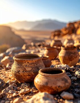 Ancient Pottery Vessels in Desert Landscape at Sunrise.
