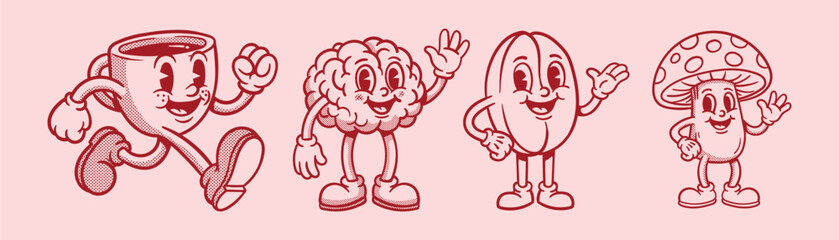 Vector illustration collection pack set of retro groovy cartoon character. retro mascot cartoon characters, groovy cartoons vintage rubber hose style © Royalika