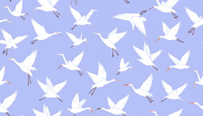 Fototapeta premium Seamless wallpaper pattern of white origami cranes with minimalist geometric paper fold lines on soft lavender background in symmetrical flight generative AI