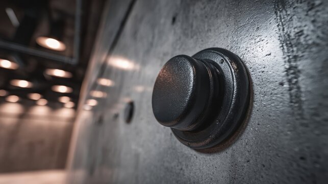 Close-up of a tactile rubberized stop button on a textured industrial metal surface, emphasizing its robust design and functional appeal.