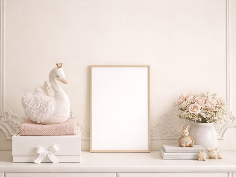 frame mockup kids and plush swon and flowers