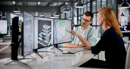 Naklejka premium Real Estate Appraiser Woman Uses GIS Mapping