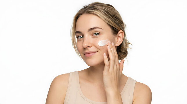 A smiling young woman applies a dab of white cream to her cheek. She has clear skin and her hair is in a neat bun, set against a clean white background