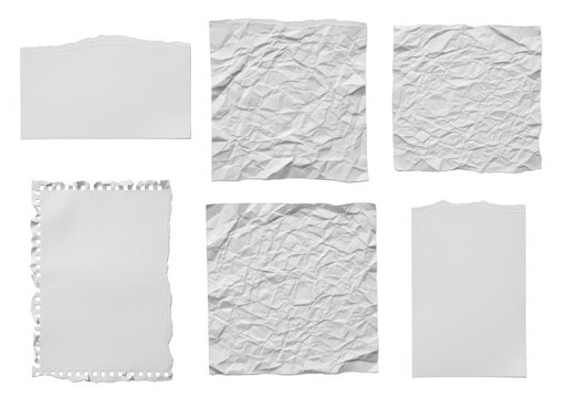 A collection of white paper sheets with different textures and edges on a plain background