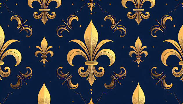 Seamless wallpaper pattern of a simplified fleur de lis motif in navy blue and gold for classic regal generative AI