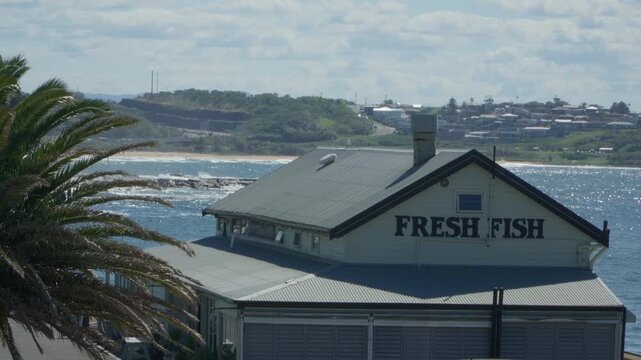 Static daytime shot of a small town fish and chip shop beside a quiet coastal harbor with crystal clear ocean water and peaceful seaside atmosphere.