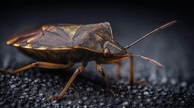 Detailed macro photograph of a brown insect with textured exoskeleton navigating rough terrain