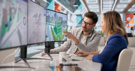 Obraz na płótnie Canvas BIM Specialist Analyzes 3D Digital Twin On PC For Urban Design