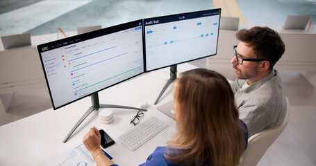 Fototapeta na wymiar Governance Manager And Team Member Analyzing Risk Scores