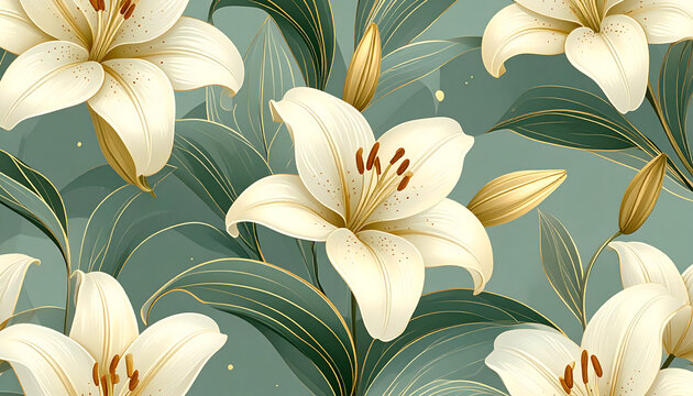 Seamless wallpaper pattern of flowing art nouveau lilies with elegant organic curves in soft gold and sage for generative AI