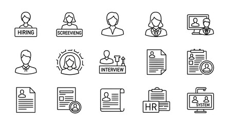 Fototapeta premium Streamlined vector icon set for human resources and recruitment processes, encompassing applicant tracking, interviewing, and employment management concepts
