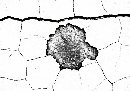 A close-up view of a cracked and damaged surface with a large dark stain