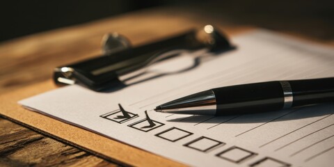 Fototapeta premium The pen on clipboard with checklist and lined paper for task planning