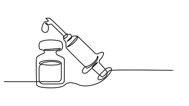 Animated self drawing of continuous line draw medical disposable syringe with needle. Applicable for vaccine injection, vaccination logo. Plastic syringe with needle. Full length single line animation