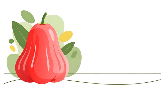 A clean vector illustration of a ripe red water apple (syzygium samarangense) set against soft green and yellow organic shapes on a wide white background