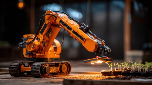 Advanced robotic arm precisely planting seedlings in prepared soil