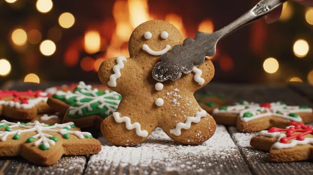 Intricately Decorated Gingerbread Cookies Ready For Festive Holiday Celebrations With Warm Fireplace Ambiance