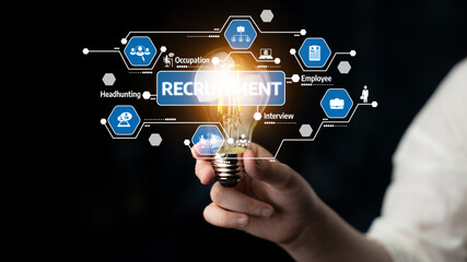 Naklejka premium Explore the dynamic world of recruitment with this innovative image showcasing a light bulb and technology icons, symbolizing modern employment strategies and ideas. Tessel
