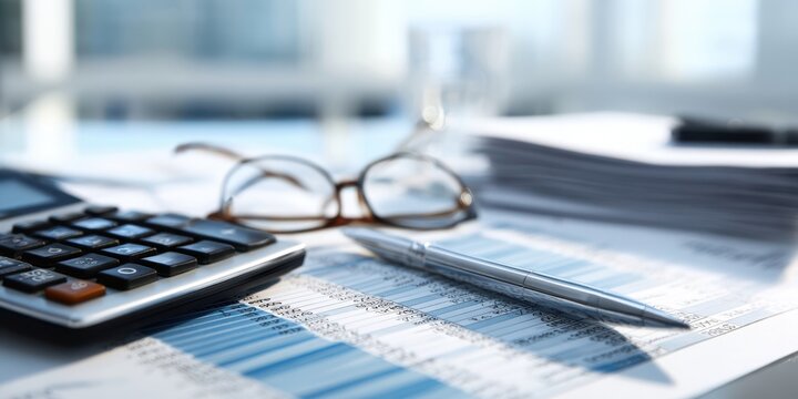 The Calculator on Financial Documents with Pen, Glasses and Stacked Paper