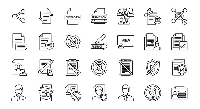 Comprehensive Set of Document and User Management Line Icons with Security and Sharing Elements for Digital Operations Interface Design