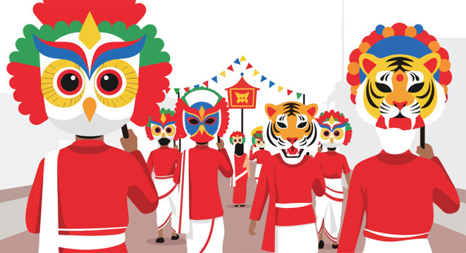 A vibrant cultural procession featuring people wearing traditional colorful animal masks, including owls and tigers, celebrating a festival.