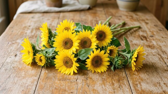 Sunflowers bloom bright on rustic wooden table with natural light highlighting their cheerful yellow petals and green stems.