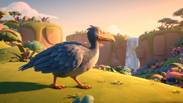 A charming dodo bird cartoon walks across a grassy field in a dodo bird stylized animation, with a beautiful waterfall