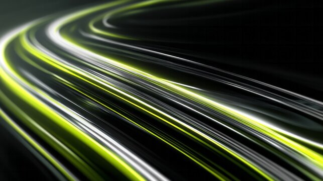 Glowing neon light streams curve across a dark, abstract background
