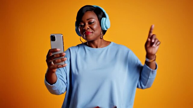Woman dancing to music on phone.