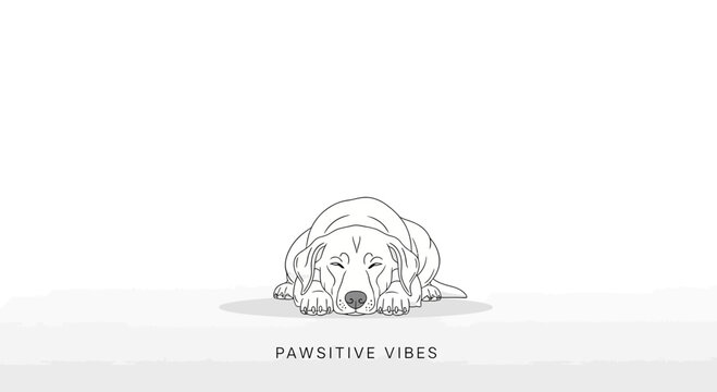 Minimalist line art illustration of a cute resting dog with text.