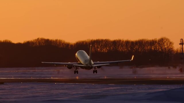 Transport passenger aircraft aviation. Airport terminal. Airplane take off flight runway sunset at sky. Departure takeoff. Travel Tourism Destinations.