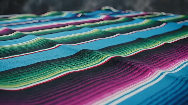 Sarape mexicano tradicional con rayas de colores vibrantes, textil festivo para decoraci&oacute;n de Cinco de Mayo, fondo de tela de Saltillo y concepto de herencia cultural latina.
