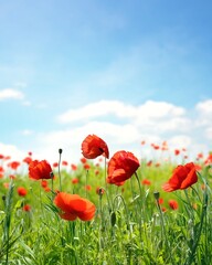 Fototapeta premium Vibrant Red Poppy Field Under a Bright Blue Sky with Fluffy White Clouds, Perfect Spring Background with Copy Space