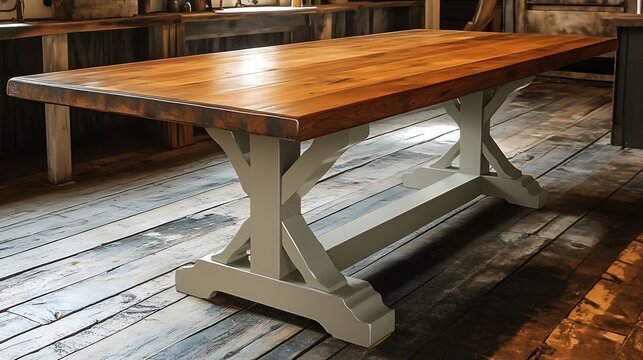 A farmhouse trestle table with a thick wooden top and painted base 