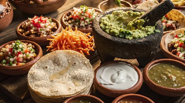 Banquete de comida mexicana aut&eacute;ntica con guacamole en molcajete, tortillas y salsas picantes. Ideal para promociones de Cinco de Mayo y men&uacute;s de restaurantes tradicionales.